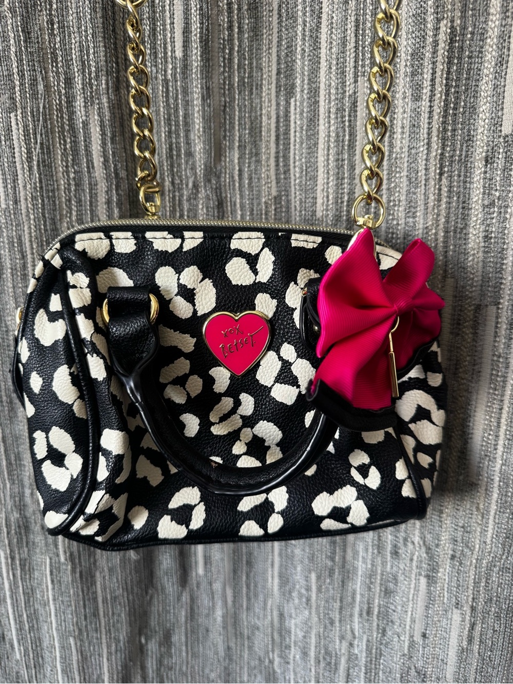 Betsy Johnson Black and White Leopard Print Satchel with Hot Pink Bow Accent